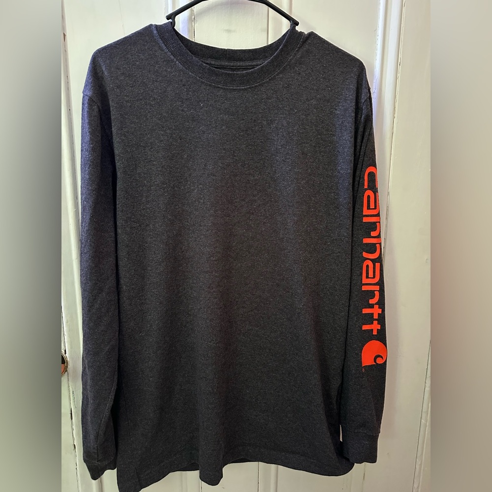 Men’s Carhartt loose fit work shirt, dark grey with orange lettering size small